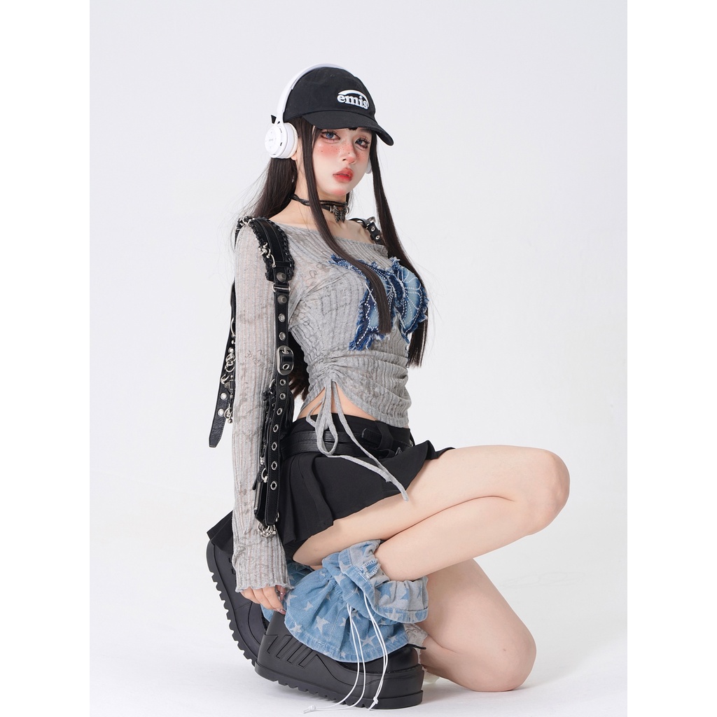 Áo Thun Tay Dài Cổ Chữ v Thêu Hình Bướm Phong Cách Hàn Quốc y2k