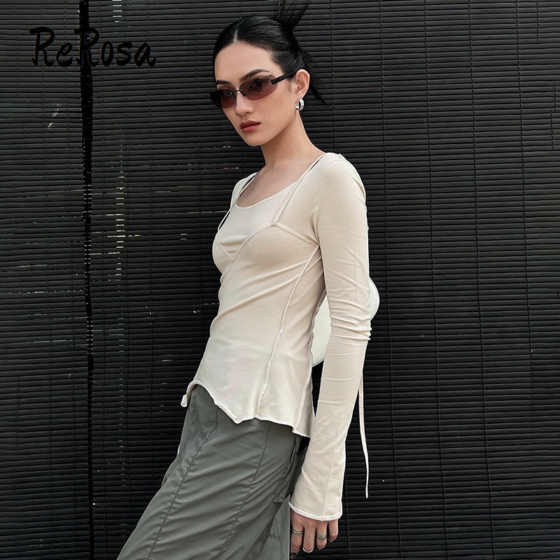 Rerosa Áo Thun Tay Dài Cổ Chữ v Màu Trơn Dáng Ôm Thời Trang 2023 Dành Cho Bạn Nữ