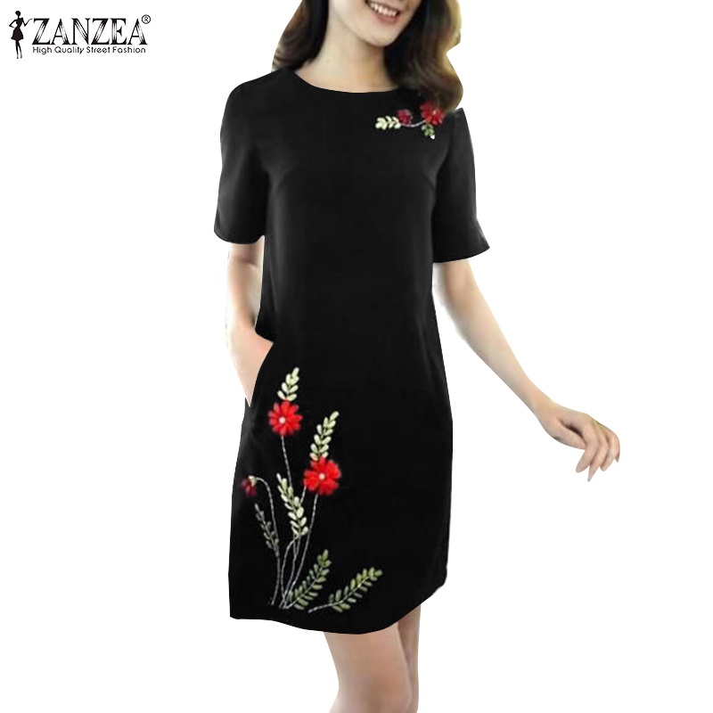 Zanzea Đầm Tay Ngắn Có Túi Phong Cách Hàn Quốc Cho Nữ
