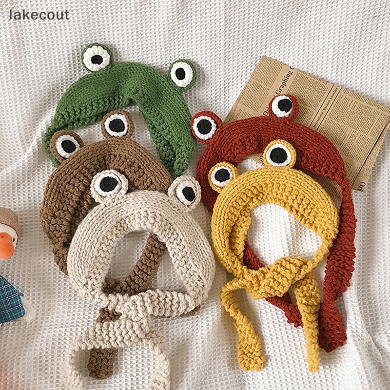 Lat Mũ beanie Dệt Kim Đính Chú Ếch Mắt To Màu Xanh Lá Cây Giữ Ấm Che Tai Thời Trang hye