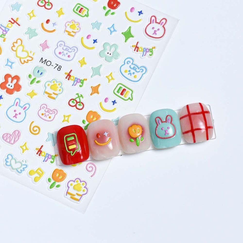 Lombar Nhãn Dán Trang Trí Móng Tay Nghệ Thuật dopamine Họa Tiết Hoạt Hình Thỏ Và Hoa Dập Nổi dopamine diy