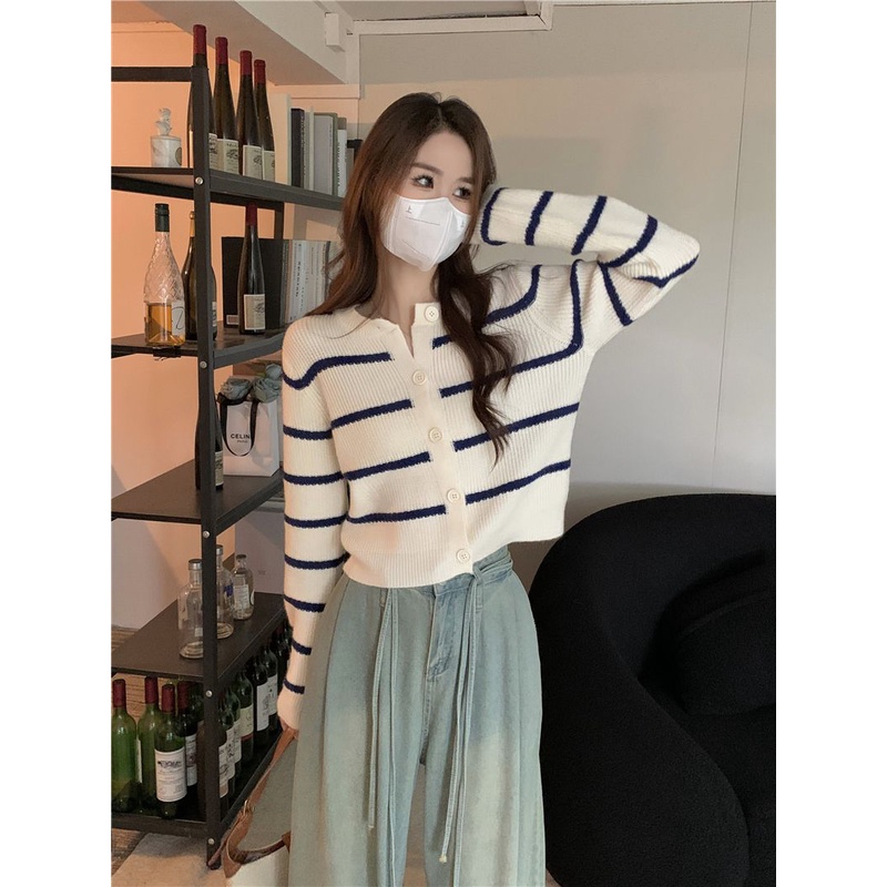 Zhainvchaoyi Áo Khoác cardigan Dệt Kim Tay Dài Cổ Tròn Dáng Rộng Họa Tiết Kẻ Sọc Thời Trang Cho Nữ