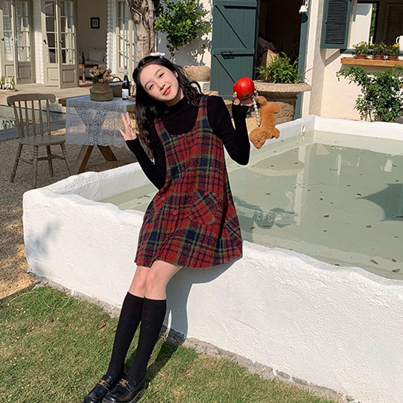 Đầm Yếm Len Sọc Ca Rô Dáng Rộng Thời Trang retro Cho Nữ