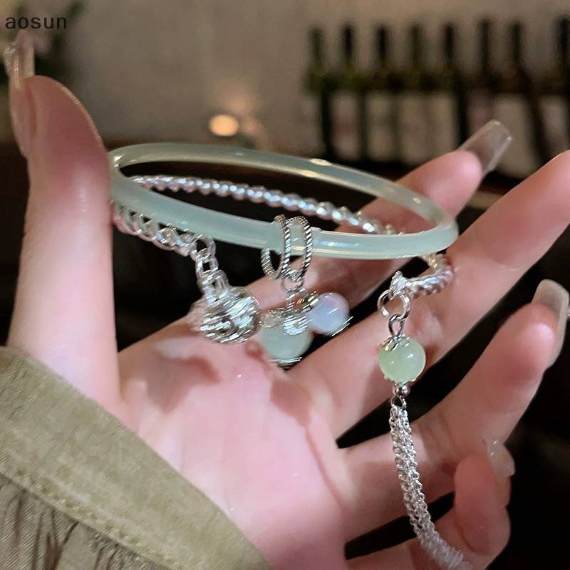 Aosun Vòng Tay Hở Hai Đầu Màu Xanh Lá Cây Phong Cách vintage Thời Trang Có Thể Điều Chỉnh Cho Nữ