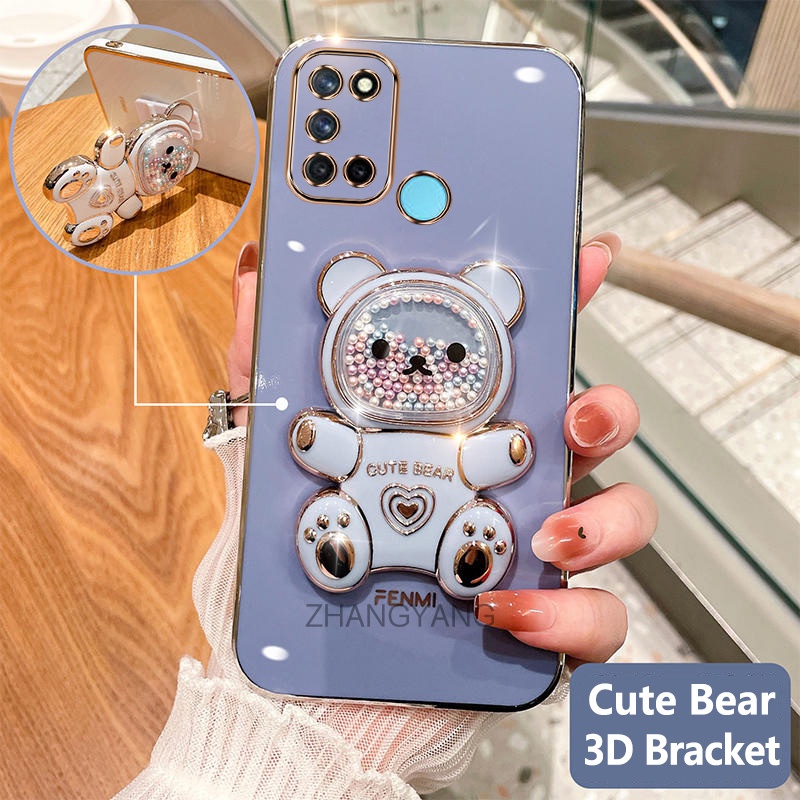 Ốp lưng realme 7i c17 Ốp Điện Thoại tpu Dẻo Mạ Màu 3D In Hình Gấu Nhỏ Đáng Yêu Có Giá Đỡ Cho realme 7i c17