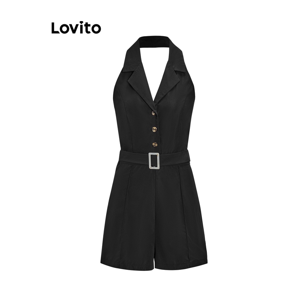 Áo liền quần Lovito màu trơn phối nút phong cách thường ngày thời trang cho nữ L59ED154