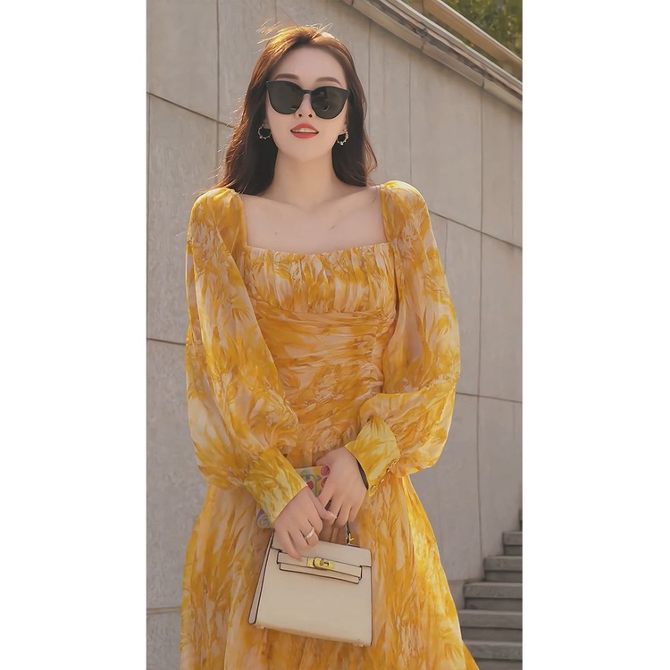 Đầm Dài In Họa Tiết Hoa Vàng Phong Cách Pháp Thời Trang Mùa Xuân Mới 2023