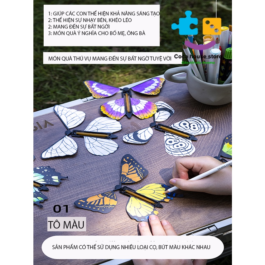 Bộ Đồ Chơi Bướm Bay Ma Thuật Sáng Tạo DIY Tô Màu Cho Bướm, Đồ Chơi handmade tặng kèm bút chì màu, bút óng ánh