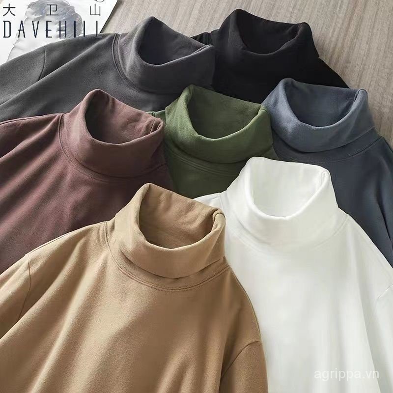 Áo Thun Tay Dài Cổ Cao Lót Lông Cừu Dày Màu Trơn Giữ Ấm Mùa Thu Đông Cho Nam