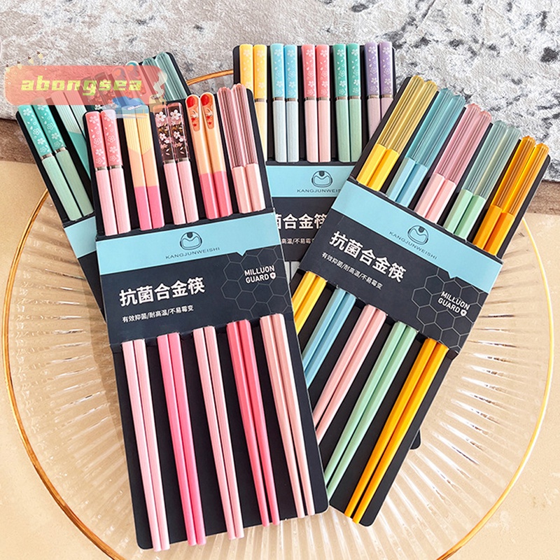 Abongsea Bộ 5 Đôi Đũa Hợp Kim Ăn Uống Năm Màu Có Thể Tái Sử Dụng