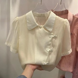  Bh Áo Sơ Mi chiffon Tay Phồng Ngắn Cổ Xếp Ly Cài Nút Đĩa Phong Cách Trung Hoa Cho Nữ 