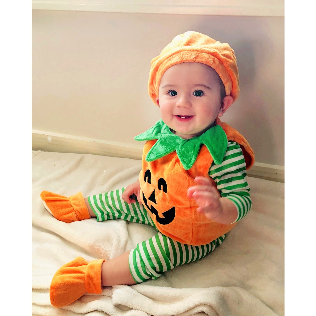Bộ Áo Liền Quần Cổ Tròn Không Tay Hình Bí Ngô halloween Dễ Thương Cho Bé