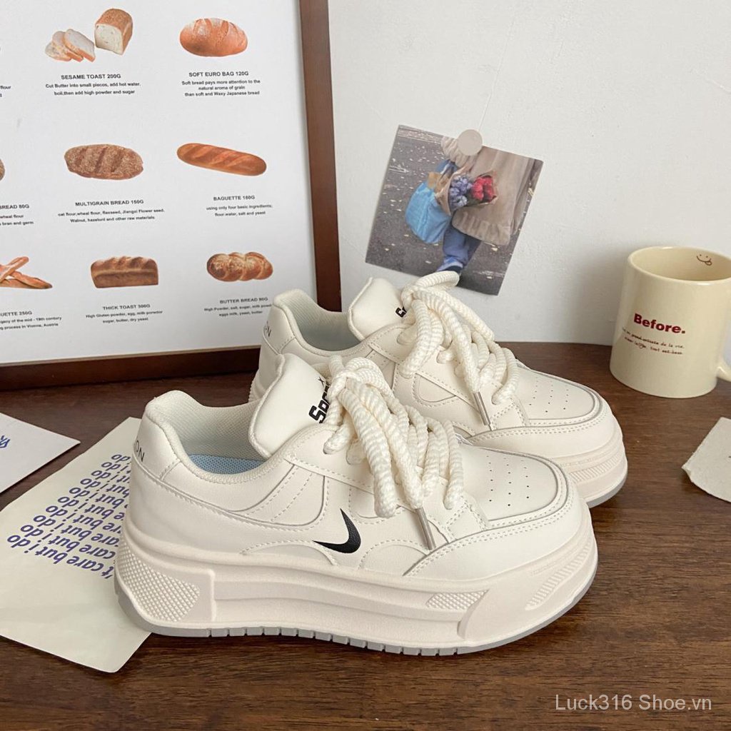 Giày Thể Thao Da Đế Dày Màu Trắng Sữa Thời Trang Mùa Thu Hàn Quốc 2023