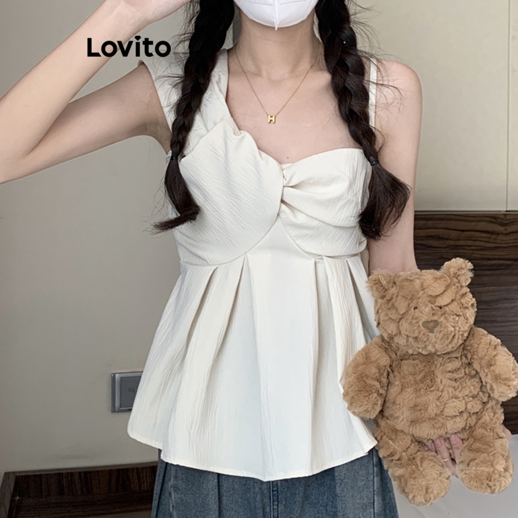 Áo croptop Lovito thắt nút bất đối xứng màu trơn thường ngày cho nữ LNE16076