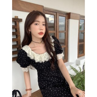Đầm maxi Màu Đen Tay Phồng Phối Ren Hoa Phong Cách vintage Pháp