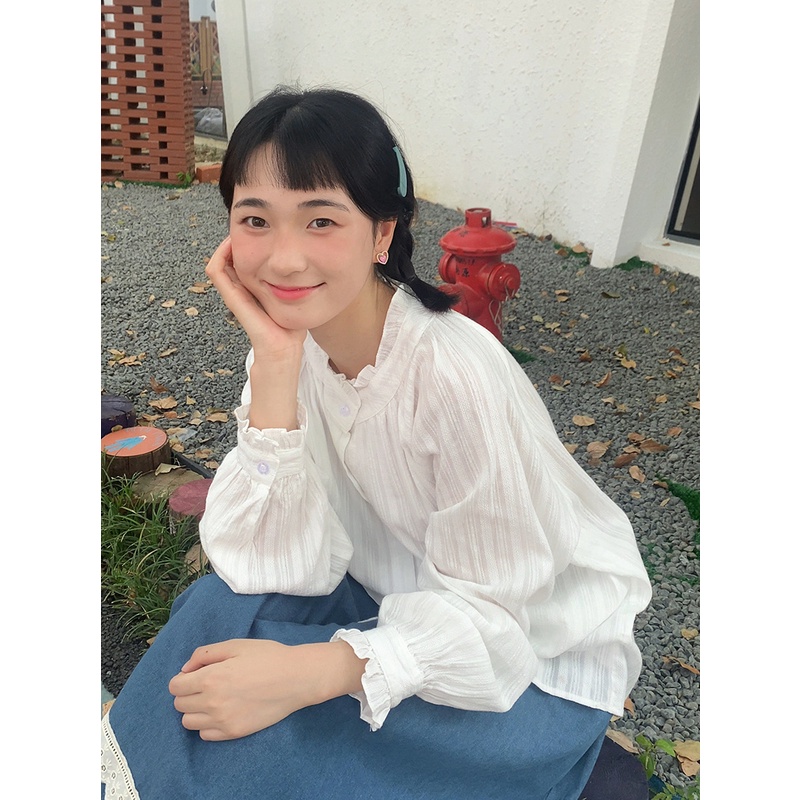 Áo Sơ Mi Trắng Cổ Đứng Dáng Rộng Phong Cách Nhật Bản Thời Trang Thu Đông