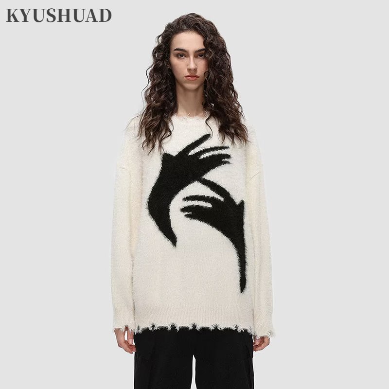 Kyushuad Áo sweater Dệt Kim Cổ Tròn Rách Phong Cách retro Mỹ Dành Cho Cặp Đôi