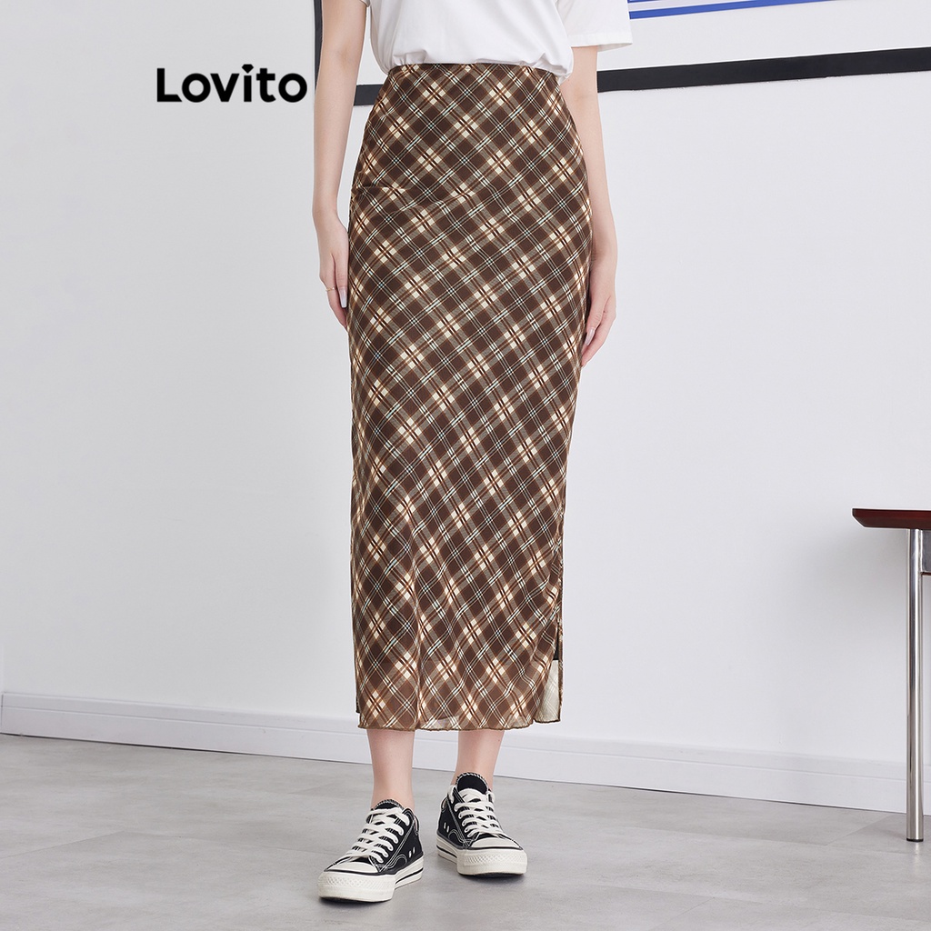 Chân váy xòe Lovito 2 lớp họa tiết kẻ sọc phong cách preppy cho nữ L58AD073