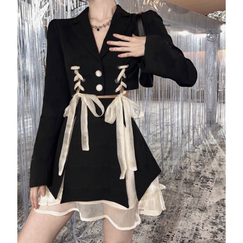 Bộ Áo Vest Thắt Nơ Phối Chân Váy Lưới Ruy Băng Thời Trang Mùa Thu Cho Nữ