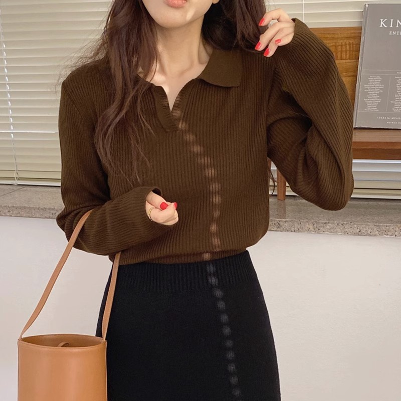 Ielgy Áo sweater Dệt Kim Màu Cà Phê Đơn Giản Đa Năng Phong Cách Hàn Quốc Cho Nữ