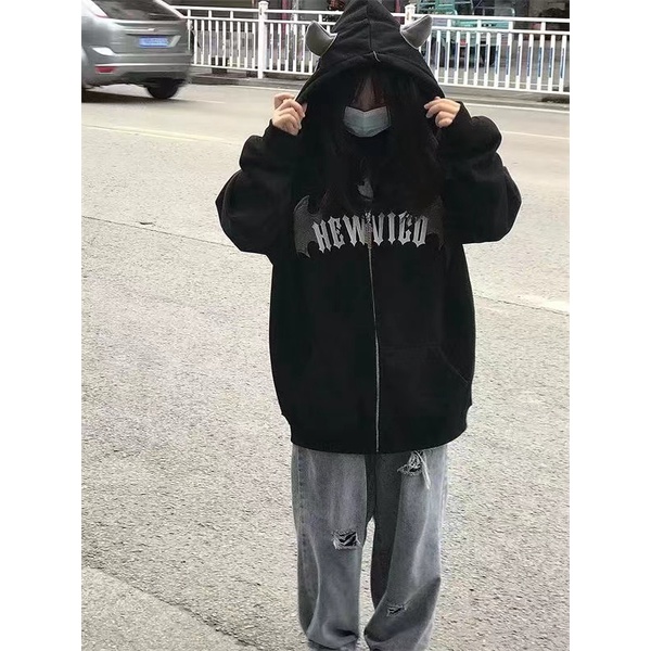 PINXIANG  Áo Khoác sweatshirt Hình Quỷ retro Mỹ Mới Cho Nữ