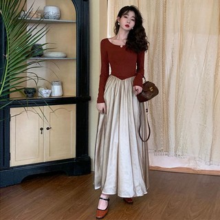 Đầm Tay Dài Dáng Ôm Màu Sắc Tương Phản Phong Cách Pháp Cổ Điển Thời Trang Quyến Rũ Cho Nữ