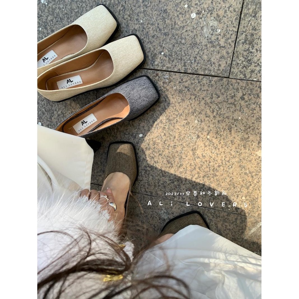 Sk2023 Giày Cao Gót Mũi Vuông Chất Liệu denim Phong Cách Hàn Quốc mary jane