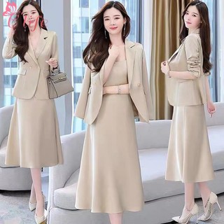 Bộ Đầm Hai Dây Phối Áo Khoác Vest Thiết Kế Mới Thời Trang Sang Trọng Cho Nữ