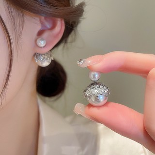 Bông Tai Mạ Bạc 925 Đính Kim Cương Ngọc Trai Hai Mặt Phong Cách Hàn Quốc Cá Tính Không Gây Dị Ứng Dành Cho Nữ