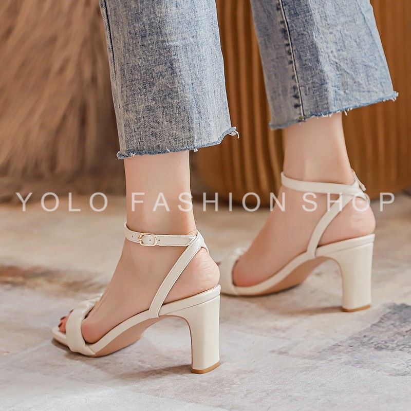 Giày sandal cao gót nữ mũi vuông quai nhún thanh lịch cao 9cm-E4