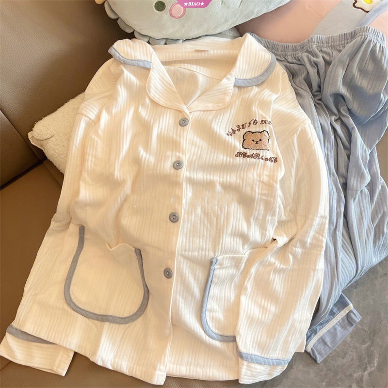 Bộ Đồ Ngủ Tay Dài In Hình Gấu Dễ Thương Phong Cách Nhật Bản