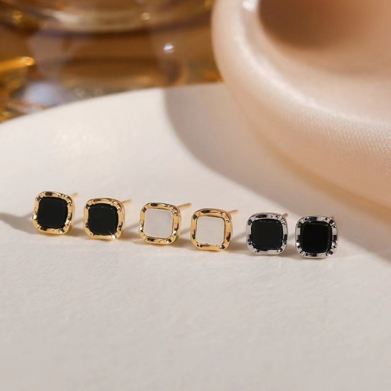 Bông Tai Hình Vuông Màu Đen Bằng Bạc Phong Cách Cổ Điển Thời Trang Cho Nữ