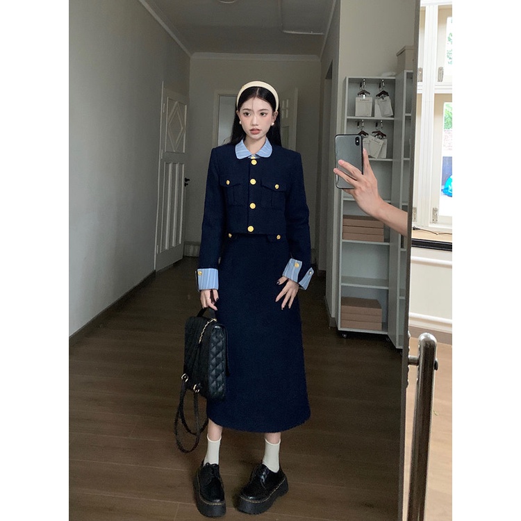 Áo khoác tweed nữ +váy treo hai mảnh giả set đồ nữ set dạ tweed mùa đông dáng dài set váy quần áo nữ thời trang hàn quốc mùa thu phong cách mới  hàng quảng châu