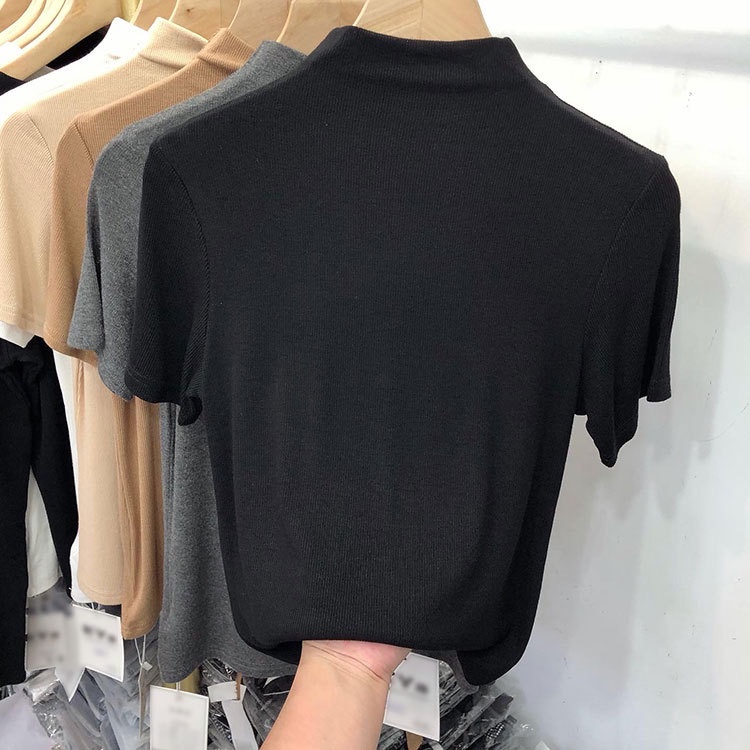 Bh Áo Thun cotton Ngắn Tay Cổ Cao Màu Trơn Dáng Ôm Cho Nữ