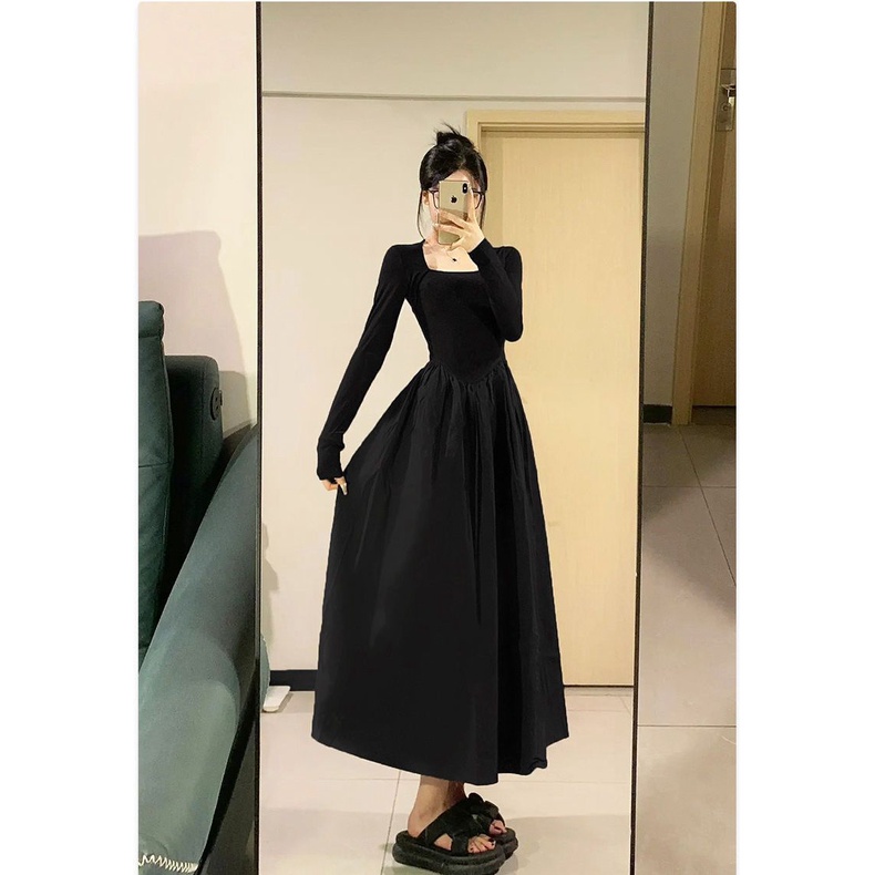 Đầm midi Đen Tay Dài Nhấn Eo Phong Cách Pháp Thời Trang Thu Đông 2023 Cho Nữ