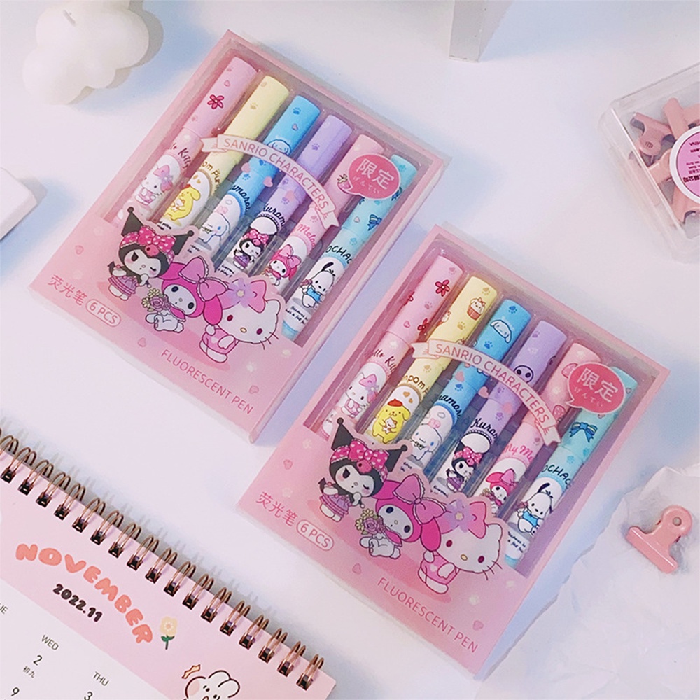 ⚡VẬN CHUYỂN NHANH⚡⚡ 6 Cái/hộp Bộ Bút Đánh Dấu Sanrio Hello Kitty Kuromi Anime Bút Đánh Dấu Bút Huỳnh Quang Pompompurin Dễ Thương Văn Phòng   Học Sinh Sáng Tạo