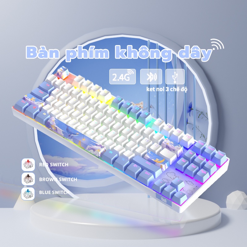 Bàn Phím Cơ Gaming Không Dây 2.4G/Bluetooth BASIC KB13 87 Phím Màu Tím/xanh/hồng,có đèn RGB，3 Chế độ Kết Nối