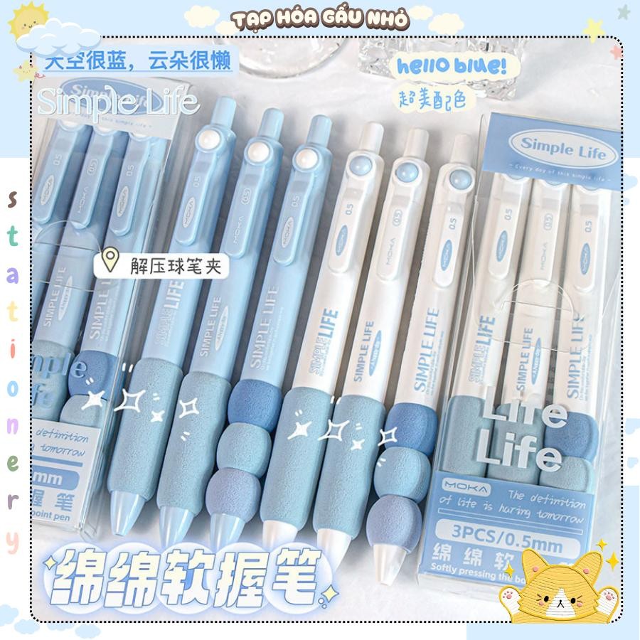 Hộp 3 bút gel Moka Simple life xanh trắng mực đen có đệm xốp - Tạp hóa Gấu Nhỏ