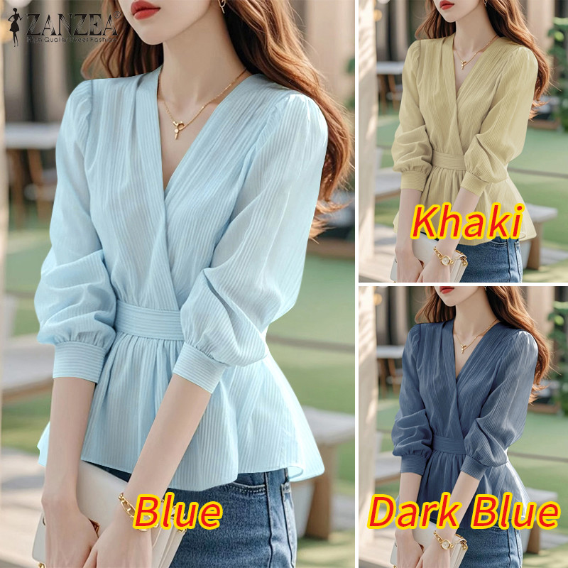 Zanzea Áo sơ mi nữ cổ chữ V thông thường Hàn Quốc có tay áo sọc eo | BigBuy360 - bigbuy360.vn