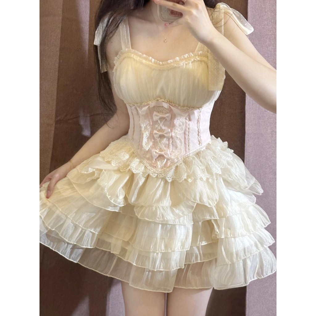 Thiết kế mới mùa hè kiểu ballet, đầm dây Lolita cho phụ nữ, đầm phồng ren hồng có nơ