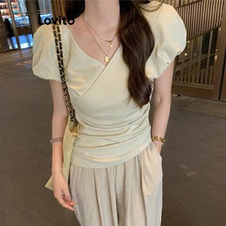 Áo thun Lovito màu trơn bất đối xứng thời trang thường ngày cho nữ LNE59299