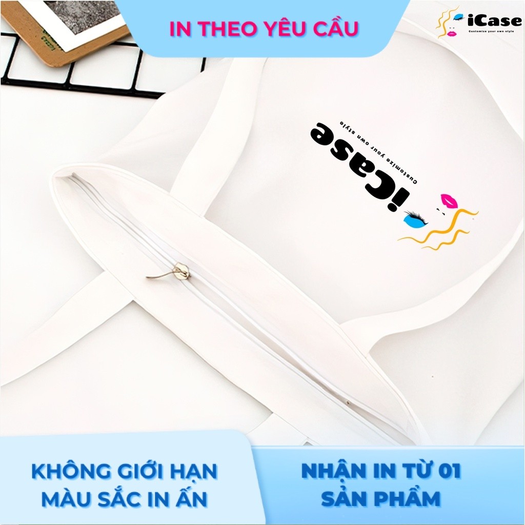 Túi vải Canvas iCase có khóa kéo in logo theo yêu cầu không giới hạn số lượng kích thước 33x38x10cm