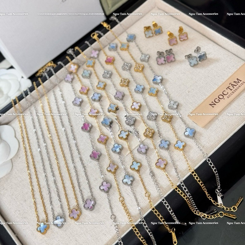 Set bộ cỏ bốn lá titan cao cấp không han gỉ, vòng tay cỏ 4 lá thời trang xinh xắn