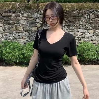 Áo Thun Bigsize Nữ Áo Cổ Tim Tay Ngắn Vải Thun Co Giãn Mặc Mát CHo Chubby 60-92kg G174