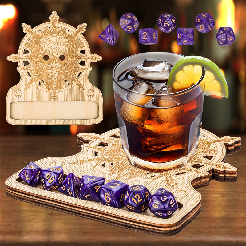 Creative 7Pcs/set Plastic Polyhedral Dice with Warlock Pattern Wooden Coaster for DND Table Board Ga