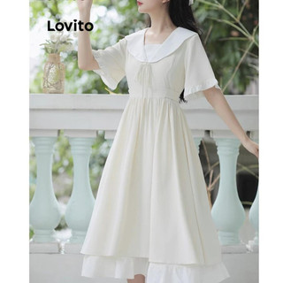 Đầm Lovito màu trơn buộc dây viền nhún bèo phong cách thường ngày cho nữ LNA63087