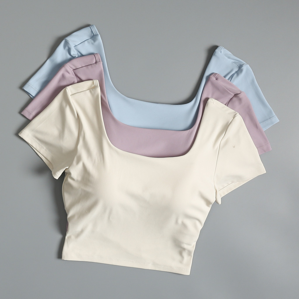   YOGATRUTH   Đệm cố định  Nữ tay ngắn giải trí lưng thấp Cross Hem Crop Top Gym Dancing 