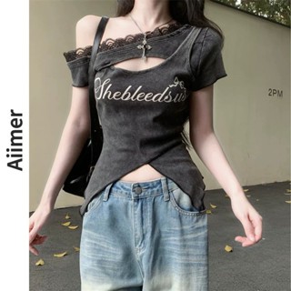 Nữ Mùa Hè Phong Cách Mỹ Cay Không Đều Cắt Vai Áo Thun Tay Ngắn Slim Fit Áo