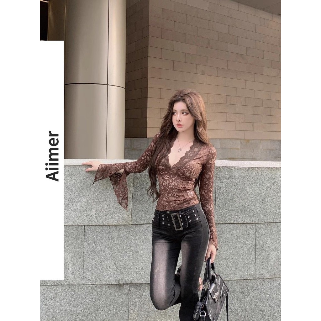Nữ Xuân Thu Pháp Retro Tính Khí Cổ Chữ V Ren Nối Tay loe Slim Top