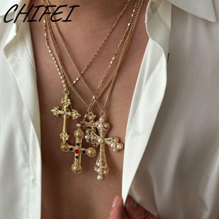 CHIFEI 4 Cái / bộ Bộ Vòng Cổ Mặt Dây Chuyền Chữ Thập, Vòng Cổ Dây Xích Dài Có Thể Điều Chỉnh Bạc Vàng, Dây Xích Tuyên Bố Y2K Chất Lượng Cao Nam Nữ